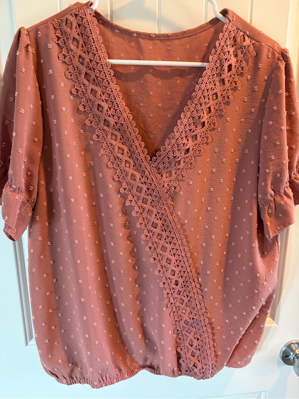 Women’s Crochet Trim V-Neck Blouse in Dusty Rose